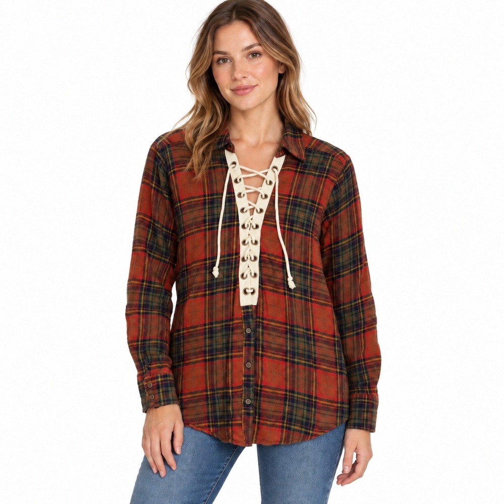 Gimmicks Plaid Button Down Women Medium Rust Lace Up Boho Shirt GMKD17103